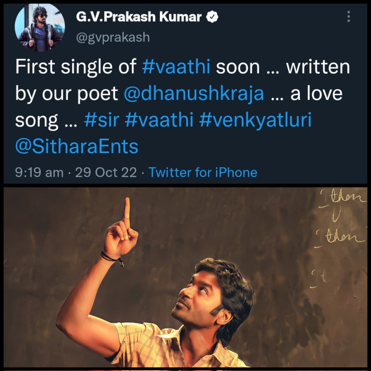 MokkaEngineers's tweet photo. #Vaathi promotion officially begins with the first single update..
A love track sung by @dhanushkraja gonna hit your playlist soon .. https://t.co/ZqAP9Z4hfZ