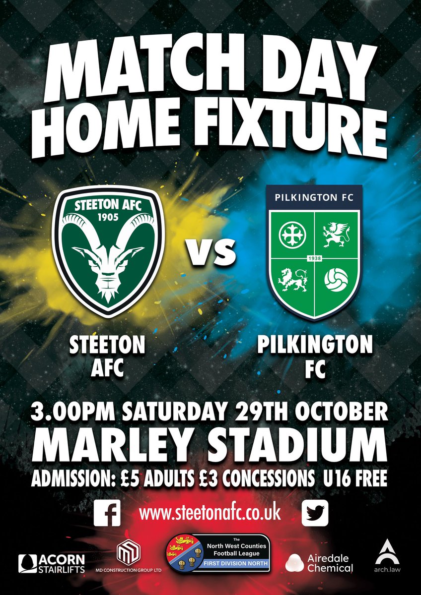 ⚽️ IT'S MATCHDAY!

🆚️ <a href="/Pilkingtonfc/">Pilkington Football Club</a>
🗓 29/10/2022
🏆 <a href="/nwcfl/">The NWCFL ⚽️</a> First Division North
🏟 Marley Stadium
🚩 BD21 4DB 
⏰️ 3pm
💷 £5 Adults; £3 Concessions; FREE for Under-16s and NHS

#chevrons