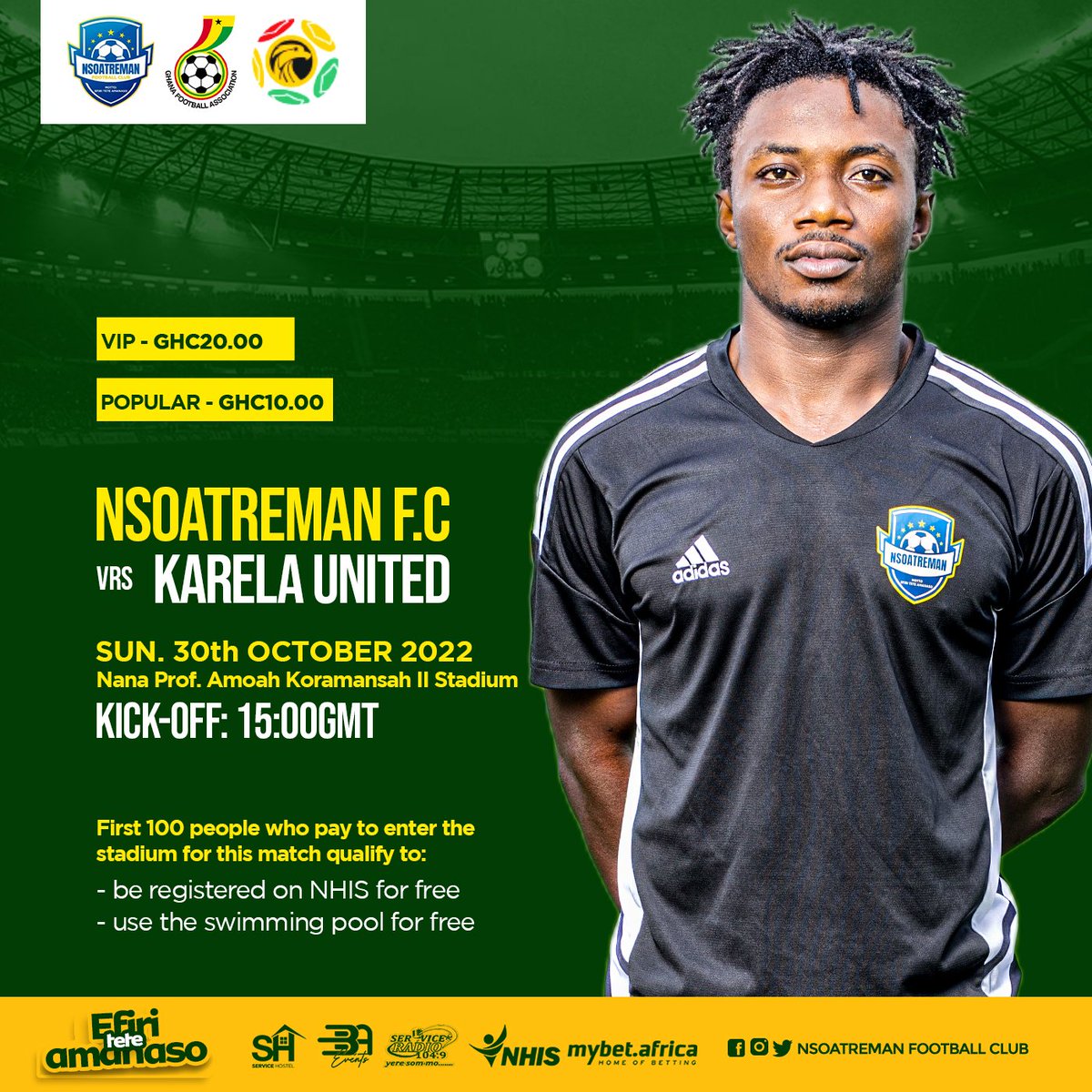 Nsoatreman_FC's tweet photo. Hi Dearies, are you coming to watch this game tomorrow?
We hope so !
We are expecting you to come cheer our gallant stars on, whiles we thrash Karela United Fc and share the fun stuff around π₯³π₯³π₯³
@ServiceRadio | @MybetAfrica
@NHIS_Ghana |#BAEvents
| #ServiceHostel https://t.co/OmAm8wWJjb