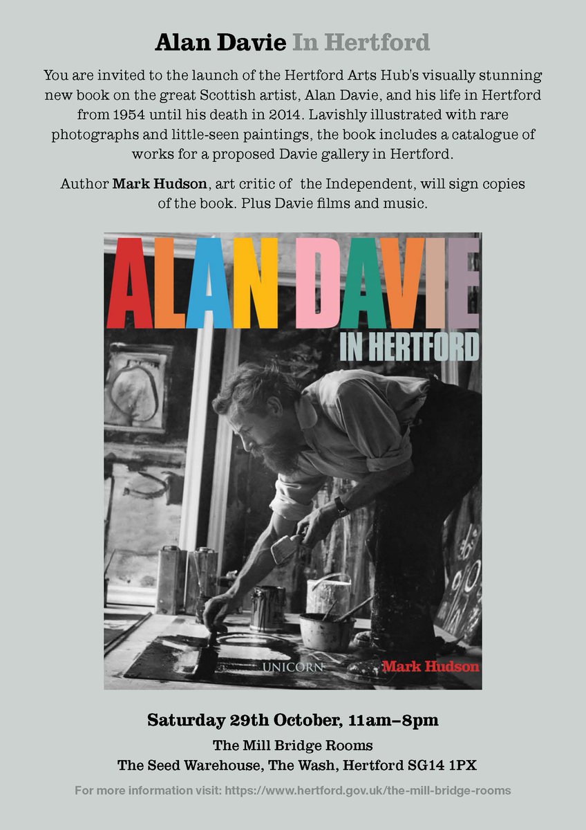 Door open at 11 and music event from 2 to launch Mark Hudsons new book "Alan Davie in Hertford" at Mill Bridge Rooms Hertford