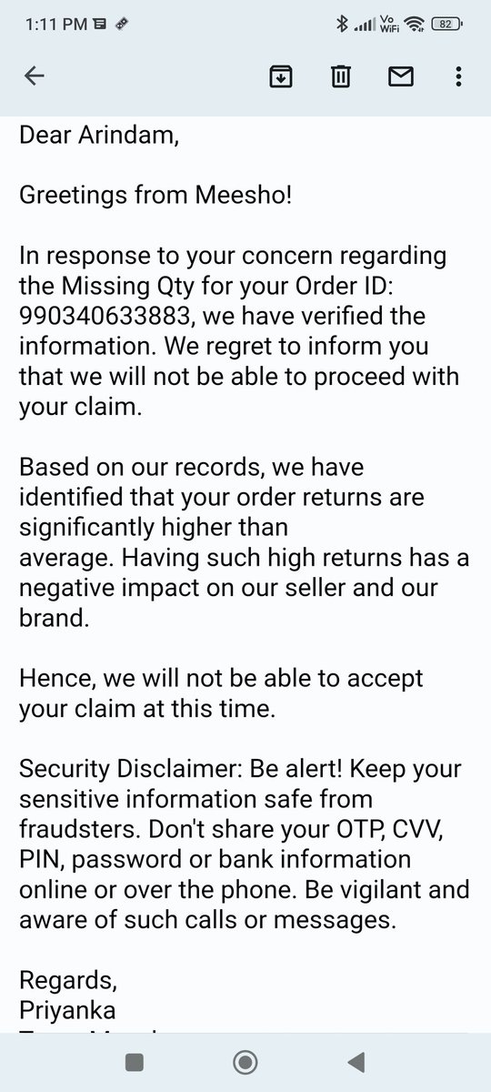 arindam_2801's tweet photo. Apparently @Meesho_Official wud nt return d money u paid 4 a product u hv nt received, if u happen 2 return few items tht r low quality or dnt meet ur expectations. So much 4 customer service. Guess they forgot they r an E-com site @consumerforum_ @forum_consumer @consumercourtin https://t.co/yaVBJqnjq1