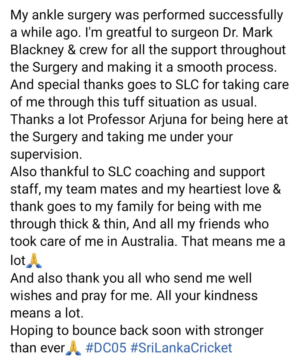 dushmantha05's tweet photo. My ankle surgery was performed successfully a while ago.
#DC05 #SriLankaCricket https://t.co/sYmlncktGV