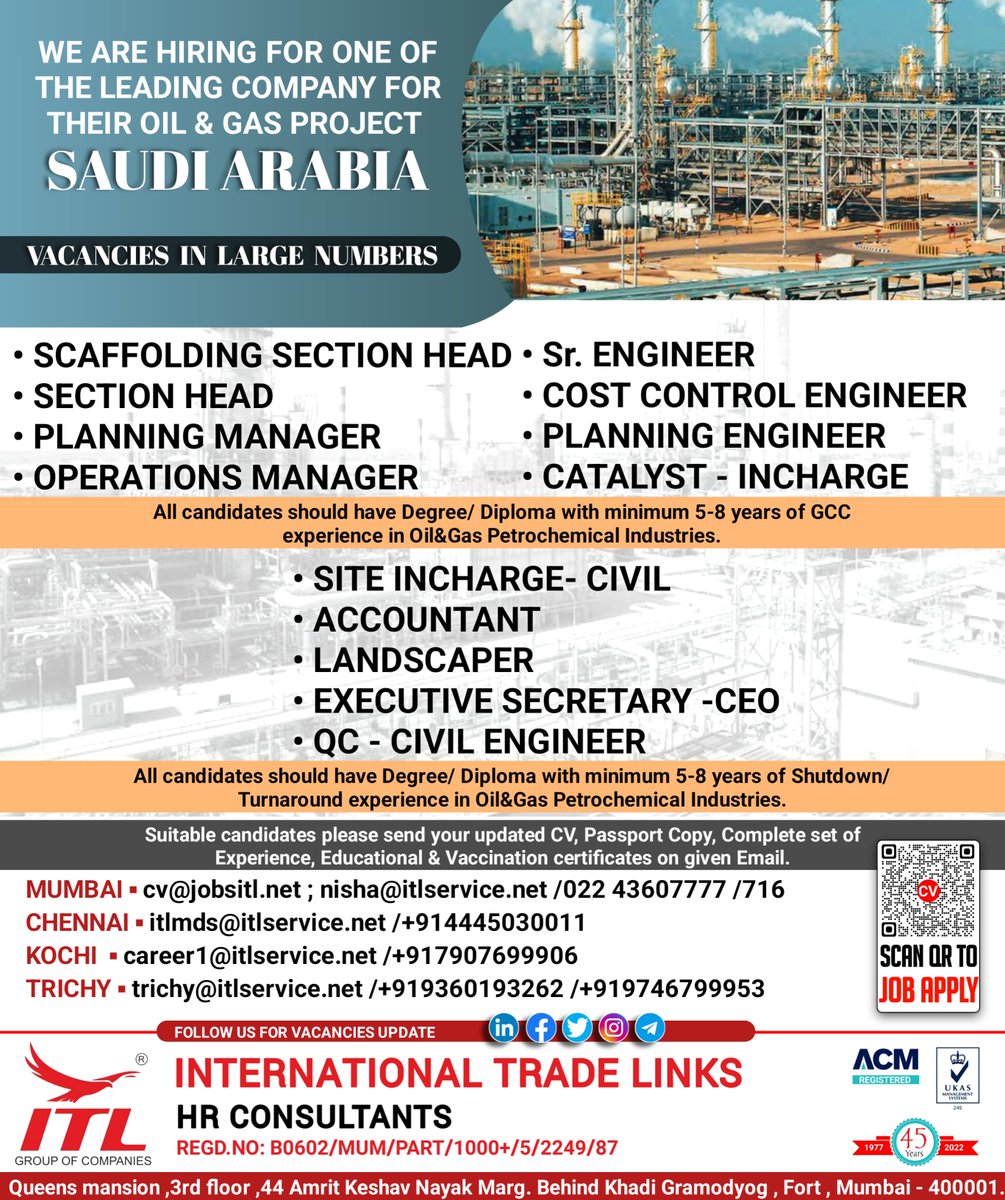 ItlJobs's tweet photo. JOB VACANCY FOR #saudiarabia
CLICK ON LINK TO APPLY JOB > https://t.co/t4H7Iy9eMZ
Learn more :
https://t.co/L5a1jRLuOk
#headjobs #managerjobs #engineerjobs #incharge #civil #accountant #qcjobs #catalyst #costcontrol #planning #sectionhead #scaffolding #oilandgas #career #jobhunt https://t.co/uBiSxLL8YO
