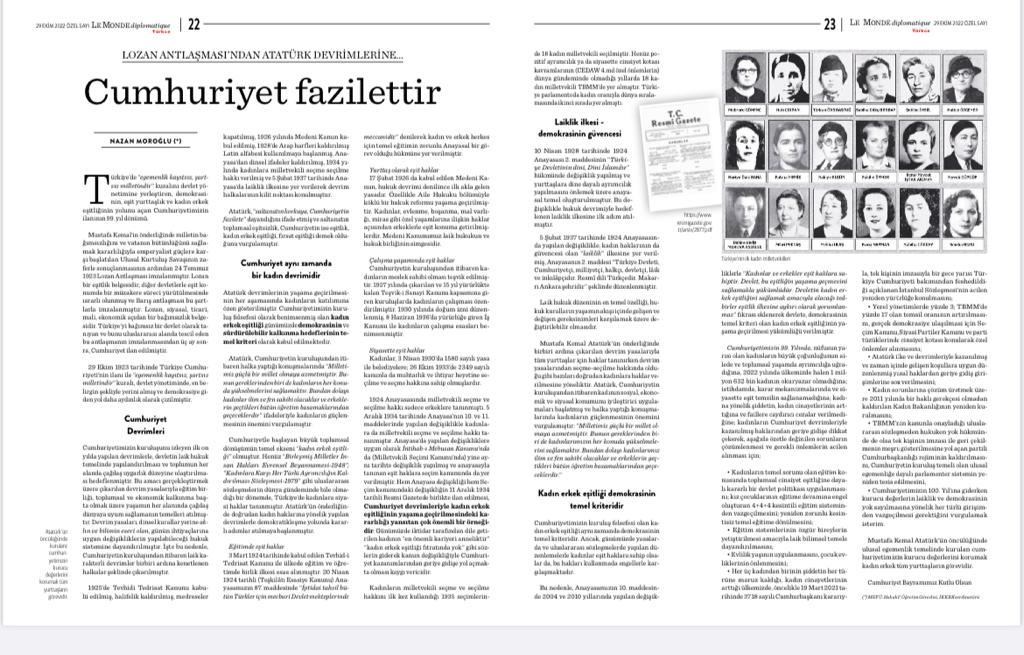 İKKB Koordinatörü Av. Nazan Moroğlu, Cumhuriyet'in 99. yıldönümü  için Le Monde Diplomatique'e yazdi: "Lozan Antlaşması'ndan Atatürk Devrimlerine... Cumhuriyet Fazilettir' <a href="/nznmor/">Nazan Moroğlu</a>.  @LeTurkce Bugün bayinizde.