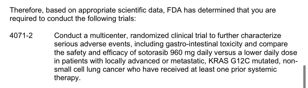 @oncoOuLungCA @GautschiOliver Post-marketing authorization under @US_FDA accelerated approval required to conduct a trial of sotorasib 960 mg vs 240 mg. The trial has completed patients accrual. Waiting for results. accessdata.fda.gov/drugsatfda_doc…
