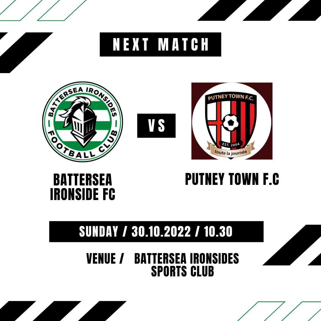 At home, in the Surrey Intermediate Cup. 

🗓 - 30th October  

🆚 - Putney Town F.C     

📍-  Battersea Ironside Sports Club, 
SW17 0AW

⚽️ - 10.30 

#greenarmy