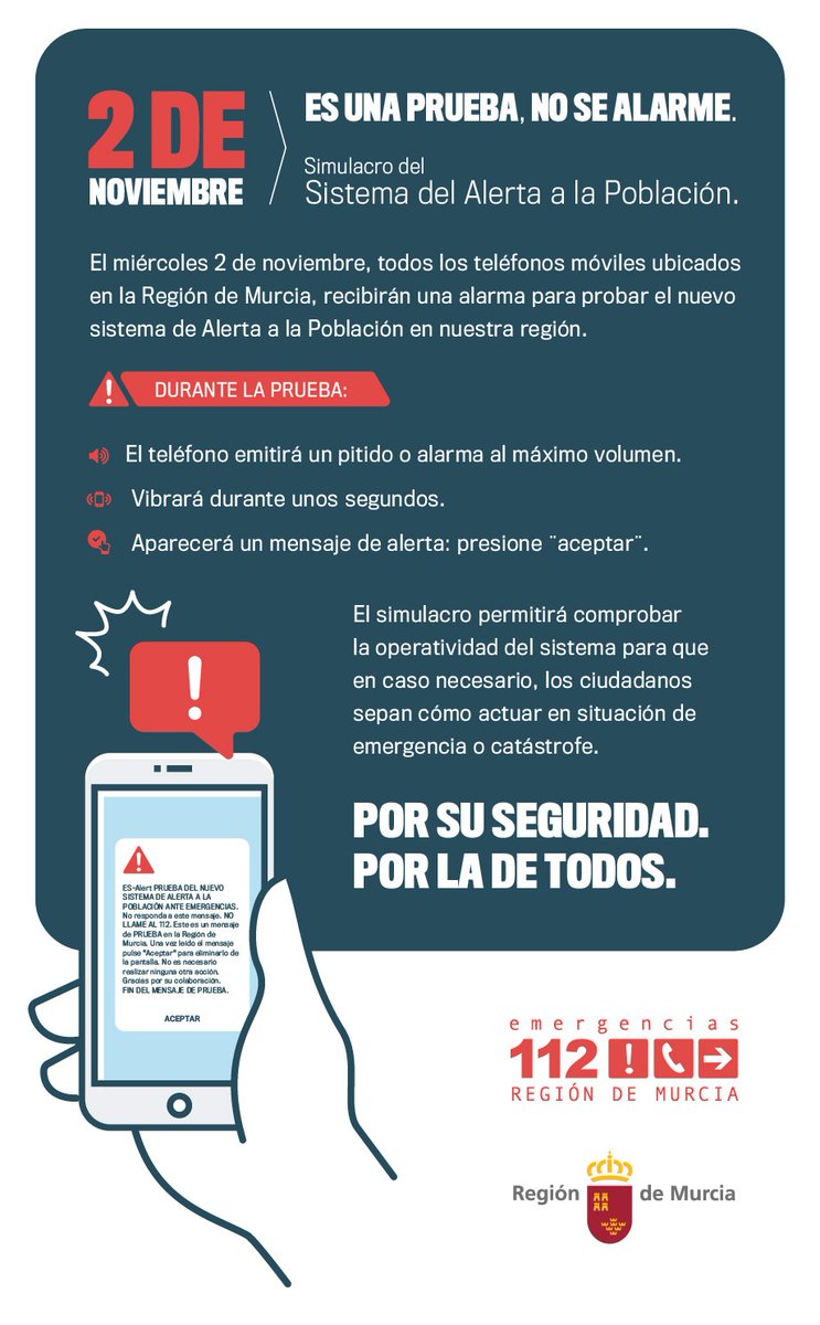 112 Región de Murcia (@112rmurcia) on Twitter photo ⚠️ INFORMACIÓN IMPORTANTE ⚠️
🚨 <a href="/112murcia/">Media Info</a> informa:
El día 2 de noviembre recibirá una alerta en su teléfono móvil tal y como se explica en la imagen adjunta
🛑 Cuando la reciba NO llame al 112, es un SIMULACRO del sistema de Alerta a la Población 🛑 ⚠️ INFORMACIÓN IMPORTANTE ⚠️
🚨 <a href="/112murcia/">Media Info</a> informa:
El día 2 de noviembre recibirá una alerta en su teléfono móvil tal y como se explica en la imagen adjunta
🛑 Cuando la reciba NO llame al 112, es un SIMULACRO del sistema de Alerta a la Población 🛑