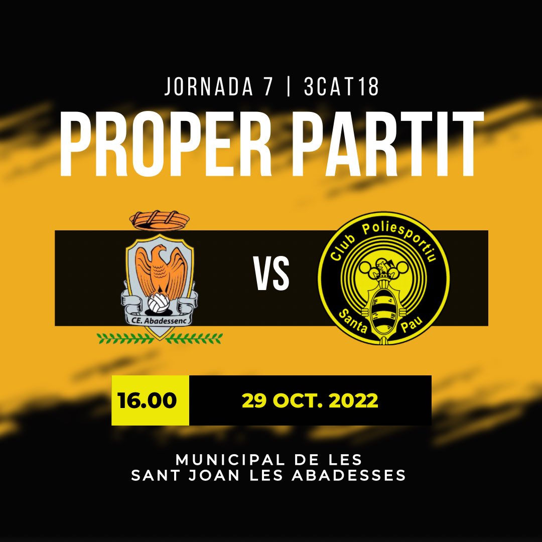 ⏳ DIA DE PARTIT |

⚽ Jornada 7
🏆 #3cat18 
🆚 <a href="/CE_Abadessenc/">CE Abadessenc</a> 
🏟️ Mpal. de Sant Joan de les Abadesses
🕓 Dissabte 16.00 h.

#amuntsantapau! 🐝