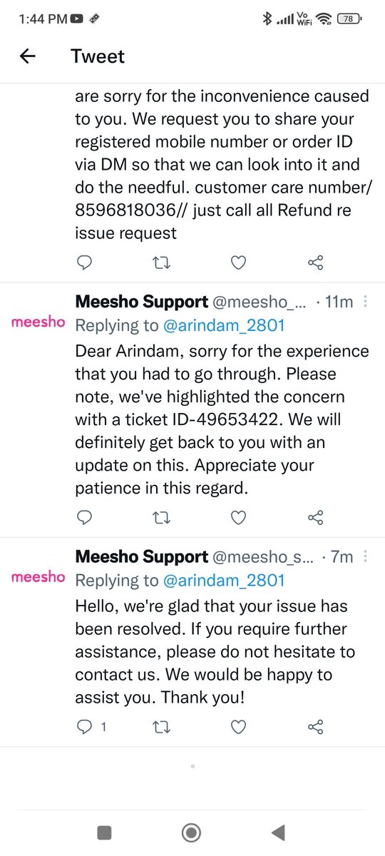 arindam_2801's tweet photo. ...and @meesho_support assumes that they have resolved issues by sending automated bot replies. Applause worthy. Wow! https://t.co/d8dvb38P6T