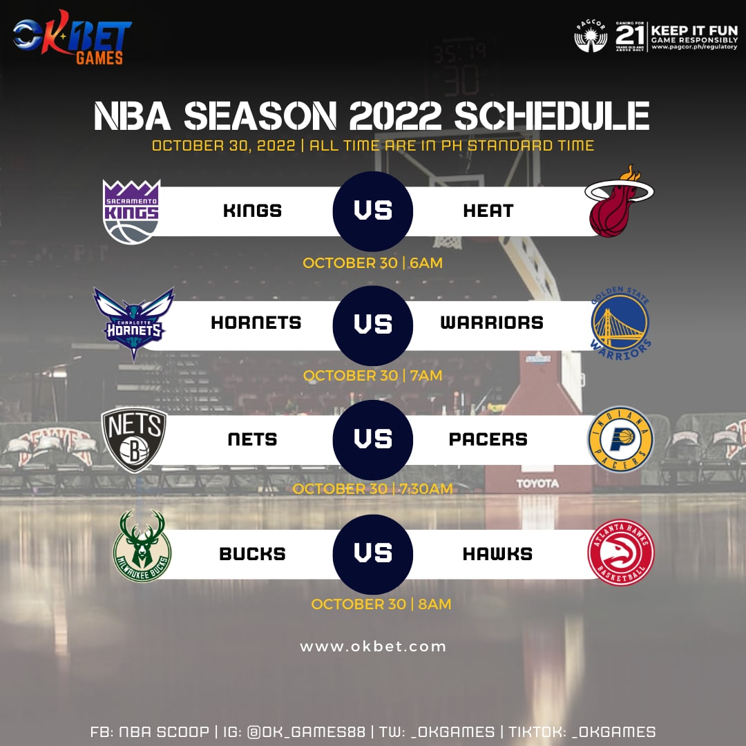 _okgames's tweet photo. NBA SEASON SCHEDULE FOR OCT 30, 2022

Follow our Social Media Platforms to get more Updates on us:
Facebook:
https://t.co/66gd3wEnUB
Twitter:
https://t.co/Rp8Ns49LF5
Tiktok:
https://t.co/6BlWzEQ4jw

Register here at:
https://t.co/hQxdOk6IUi

#OKBet #OwnTheWin #okbetphilippines https://t.co/PAxkcCyH8F