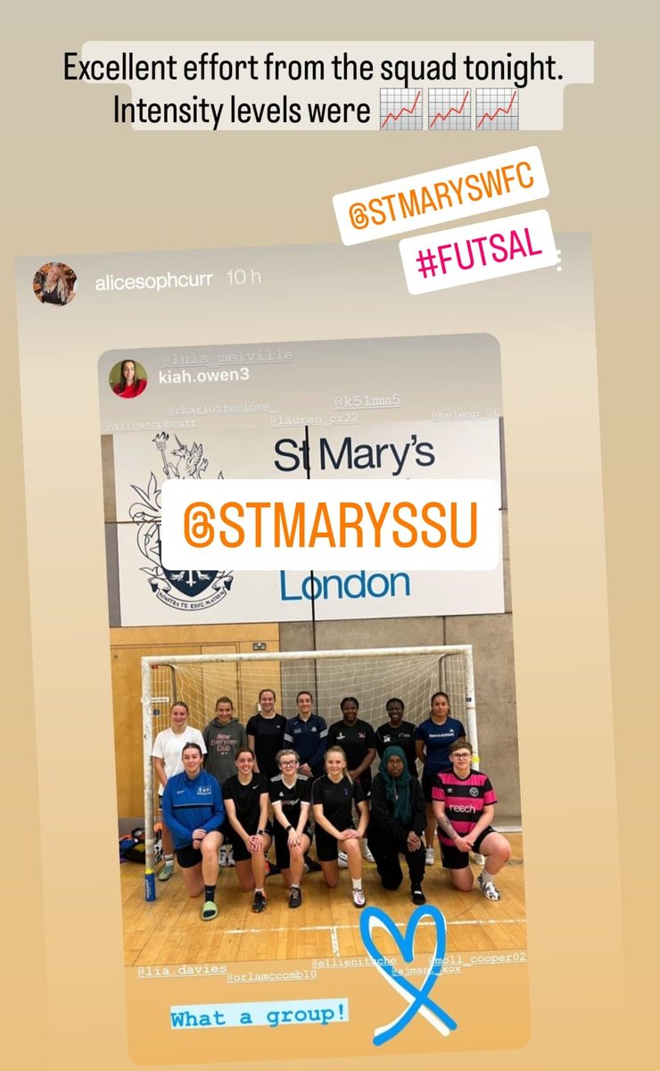 LuisMelville's tweet photo. When you work hard at the environment, you get these sort of returns. @alicesophcurr, @YourStMarys graduate/former @stmarys_wfc president sharing her on &amp; off court experiences with our futsal squad. A top class president who gave me amazing support with @k_owen03 following suit. https://t.co/bKOgMmNbBB