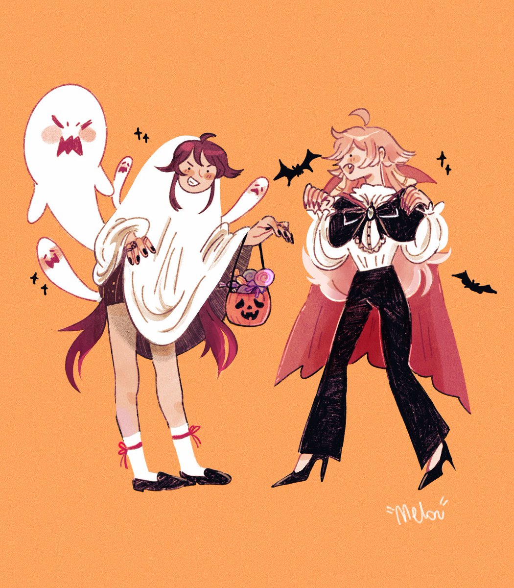 hu tao (genshin impact) ghost multiple girls long hair 2girls black nails halloween pants  illustration images