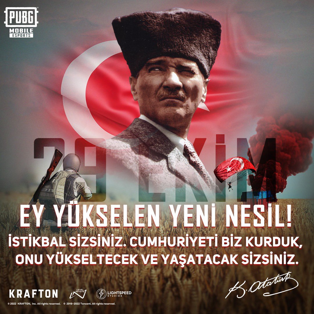 Atatürk'ün önderliğinde büyük Türk Milleti'nin kanı, canı ve sonsuz emekleriyle kurulan Cumhuriyetimizi, tüm değerleriyle sonsuza kadar yaşatmak hepimizin ortak sorumluluğudur. Nice mutlu, barış dolu günlere. 29 Ekim Cumhuriyet Bayramımız Kutlu Olsun! 🇹🇷🇹🇷🇹🇷 #PUBGMOBILE
