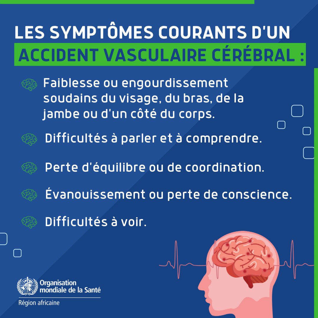 OMS_Afrique's tweet photo. C'est la Journée mondiale de l’accident vasculaire cérébral! 💚
 
Il est important de connaître les symptômes d'un accident vasculaire cérébral #AVC. Si vous ressentez l'un d'entre eux, consultez immédiatement un médecin. ⬇️ https://t.co/HcdQQ93tin