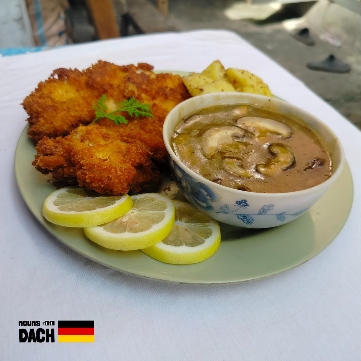 Chicken Schnitzel with Mushroom Gravy and Fried Potatoes

A schnitzel is a thin slice of meat. The meat is usually thinned by pounding with a meat tenderizer. Most commonly, the meat is breaded before frying.

📢Tag <a href="/InternatioNouns/">internatioNouns.⌐◨-◨ | ⌐ⓝ°ⓒ</a> <a href="/nounsdao/">Nouns.eth</a> @nounsdach <a href="/FOODNOUNOCLOCK/">FOODNOUN O'CLOCK</a> <a href="/foodnouns/">FOODNOUNS DAO ⌐◨-◨</a>