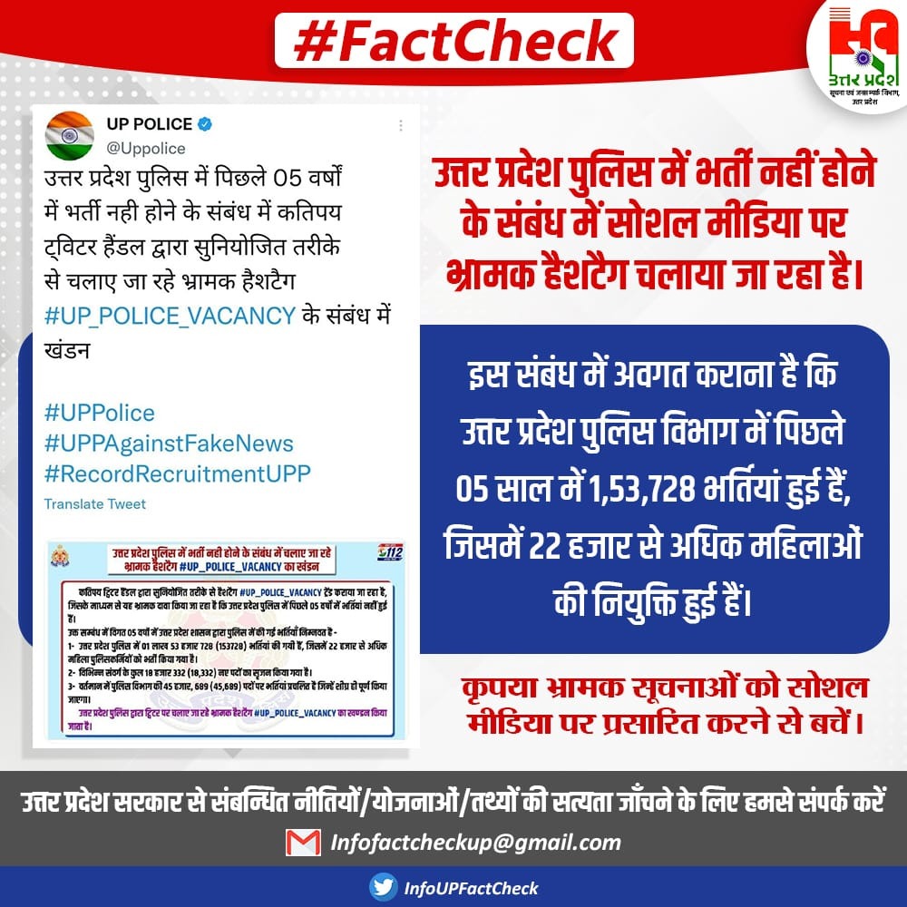 #FactCheck: उत्तर प्रदेश पुलिस में भर्ती नहीं होने के संबंध में सोशल मीडिया पर भ्रामक हैशटैग चलाया जा रहा है। उत्तर प्रदेश पुलिस विभाग में पिछले 05 साल में 1,53,728 भर्तियां की हैं, जिसमें 22 हजार से अधिक महिलाओं की नियुक्ति हुई हैं। #RecordRecruitmentUPP