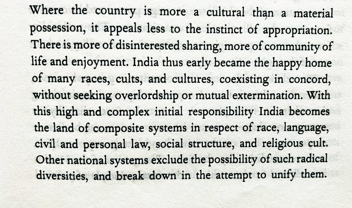 AaruniClub's tweet photo. “…Other national systems exclude the possibility of such radical diversities, and break down in the attempt to unify them.”

@jsaideepak citing from Mookerji’s “The Fundamental Unity of India” in his book “India That is Bharat.” https://t.co/AjowwEMKhH