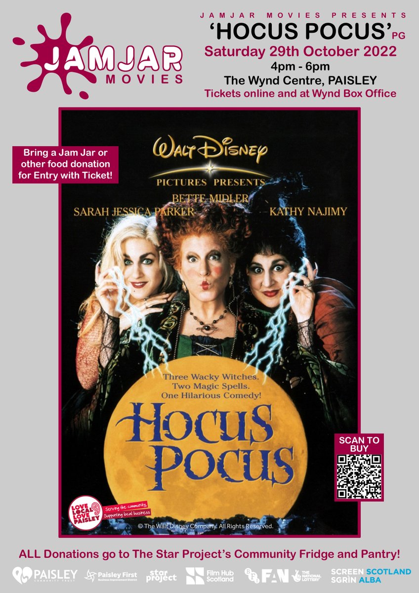 Heading out to #PaisleyHalloween this evening then take in a movie before it all kicks off - Hocus Pocus showing at Wynd Centre starts at 4pm tickets here eventbrite.co.uk/e/hocus-pocus-… #jamjarmovies #community #cinema #howscaryishunger