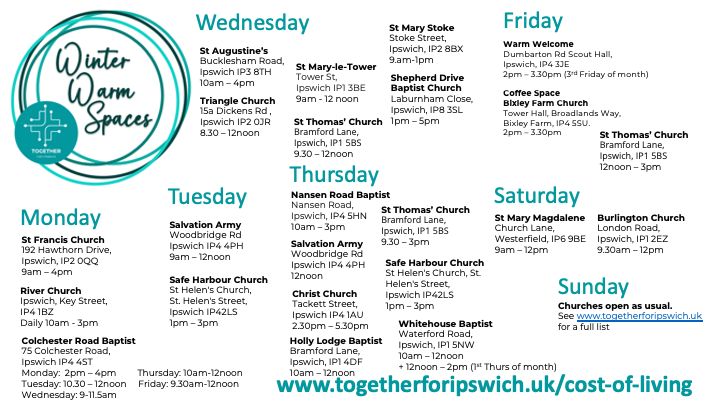 Next week 23 Warm Spaces will open in Ipswich in Churches across the town. #togetherforipswich #warmspaces #warmwelcome