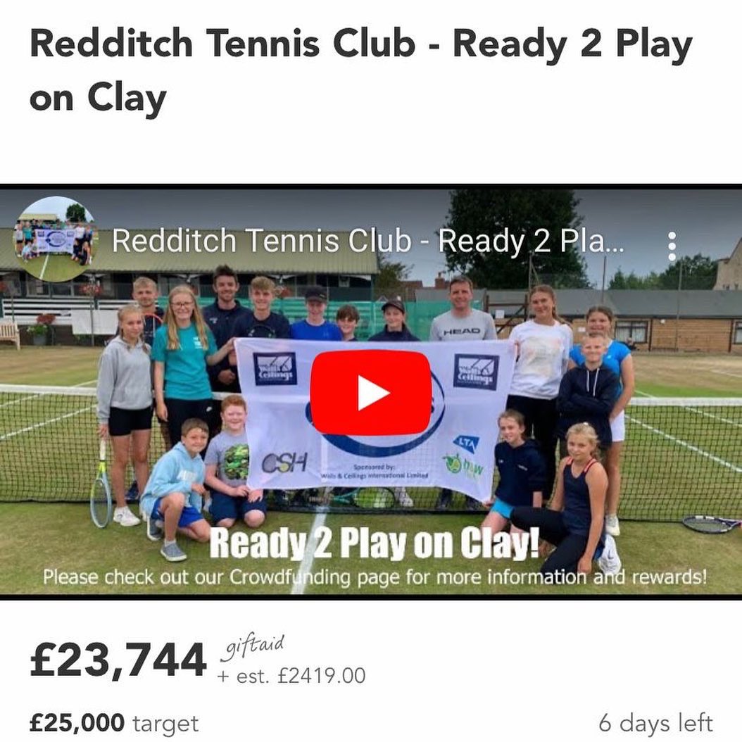 RedditchTennis's tweet photo. LAST FINAL PUSH! Amazing 5 weeks of fundraising. We are 94% of our £25k target! 🎾

We have 6 DAYS left to reach our target! If we hit our target we will receive the £10k Sport England Pledge! 

https://t.co/3pg2dXpI2H. | #RedditchTennis https://t.co/8MzaHQikLX