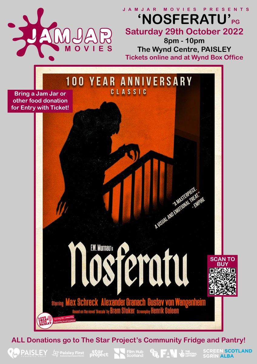 Heading out to #PaisleyHalloween this evening then take in a movie as part of your night - Nosferatu showing at Wynd Centre starts at 8pm tickets here eventbrite.co.uk/e/nosferatu-ja… #jamjarmovies #community #cinema #howscaryishunger