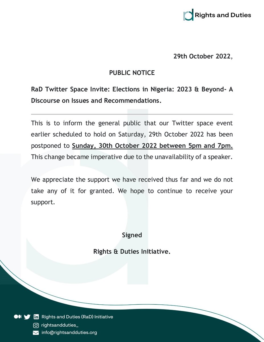 RaD_Initiative's tweet photo. Update on #RaDSpaces

Our Twitter Space has been rescheduled. It will now hold on Sunday 30th October 2022 by 5pm. See details in the attached notice.

Please kindly share and retweet for others.

You can set reminders with the link below 👇🏾👇🏾
https://t.co/DZiulu1mMB

#RaDSpaces https://t.co/vChiux00AN