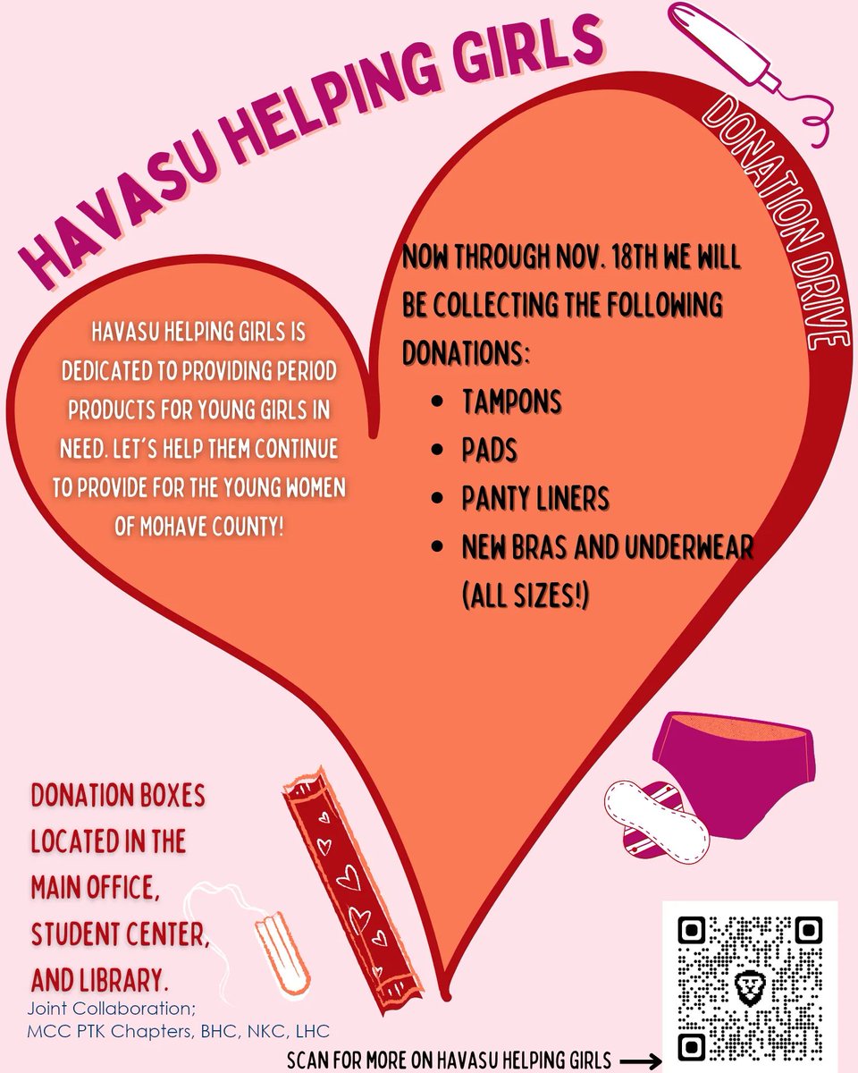 lhcHelpingGirls's tweet photo. Product Donation Drive at @mohavecc now thru Nov 18. Thx to MCC and Phi Theta Kappa 😀 #endperiodpoverty #havasu #bullhead #kingman https://t.co/zvNP7x9NX3