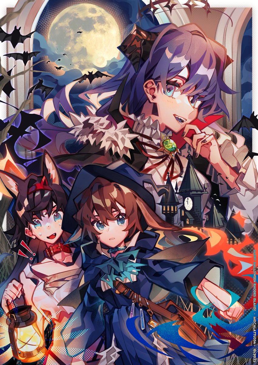 amiya (arknights) ,blaze (arknights) ,mostima (arknights) 3girls multiple girls animal ears blue tongue colored tongue blue eyes bat (animal)  illustration images