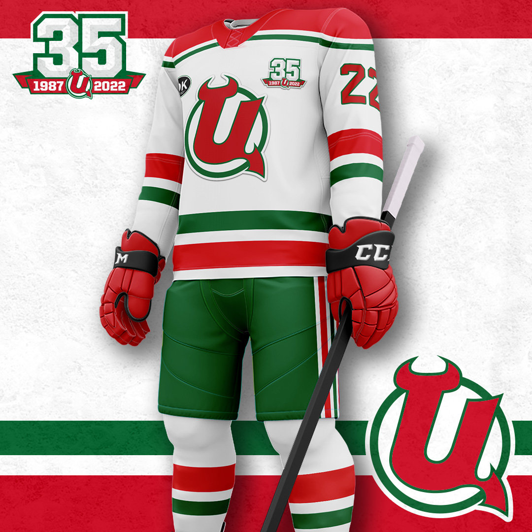 stereoswimmer's tweet photo. @UniWatch @sportslogosnet Tonight the @UticaComets will be kicking off their celebration of the 35th anniversary of the original Utica Devils team. I'd expect them to break out these throwbacks tonight. Saw them in those once as a young kid. Loved hockey, hated the goal horn. https://t.co/9YjE9lUVl8