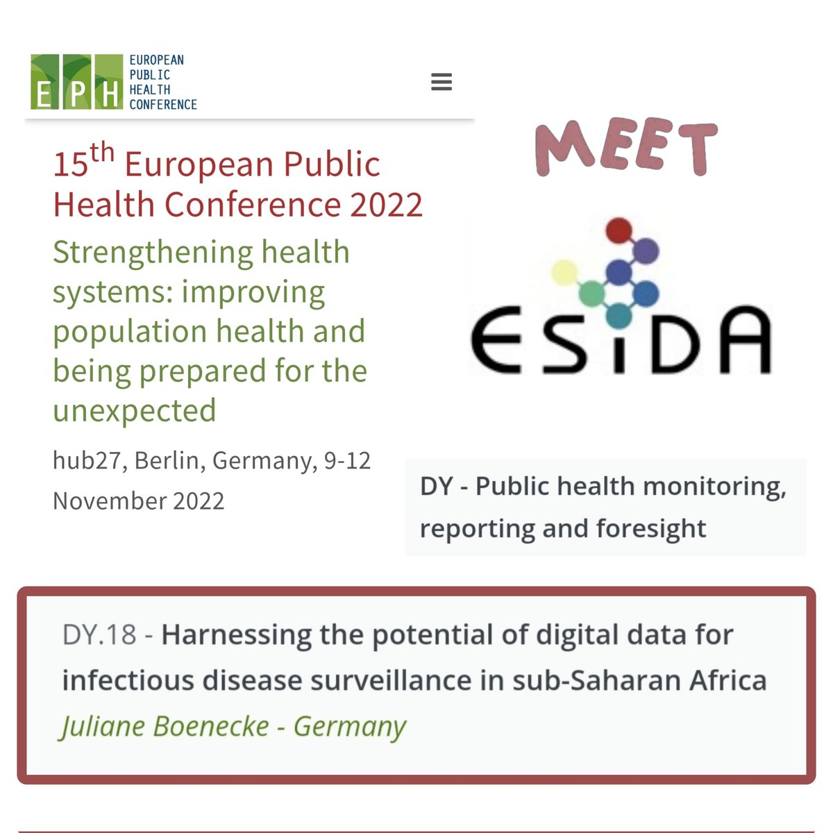 EsidaNetwork's tweet photo. 🗣️ Meet us at @EPHconference in #Berlin from Nov 9-12, 2022!
We are looking forward to stimulating talks, sessions and discussions on #PublicHealth research in #Europe and #Globally and will be participating with a #Poster contribution.
#EPH22 #LetsConnect #ESIDA #Surveillance https://t.co/0kc7HDh6As