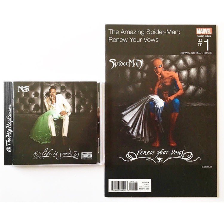 TheHipHopCovers's tweet photo. Music Artist: #Nas Album: #LifeIsGood 
#Marvel comic book: #TheAmazingSpiderman #RenewYourVows Issue # 1 Variant cover art by: #SamSpratt #HipHopCovers #HipHopVariants https://t.co/wtOlgMAE2q