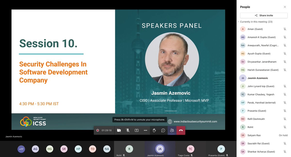 Penthara's tweet photo. Listen to the experience of first-line defense that can be applied to all other business environments that require cybersecurity from @JasminAzemovic 

#ICSS2022 #ICSS #pentharagalaxy #rapidcircle #ossisto365 #Avanade #microsoft https://t.co/UUsywyxzpG