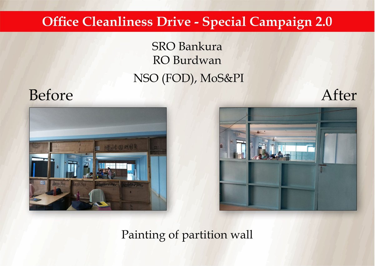 GoIStats's tweet photo. Sub-Regional Office, National Statistical Office(Field Operations Division), Bankura under Regional Office, Burdwan organized a cleanliness drive at its office premises by painting office partition wall under #SpecialCampaign2.0 on 22.10.2022.
@PMOIndia @Rao_InderjitS @DARPG_GoI https://t.co/ASCB3SMnny