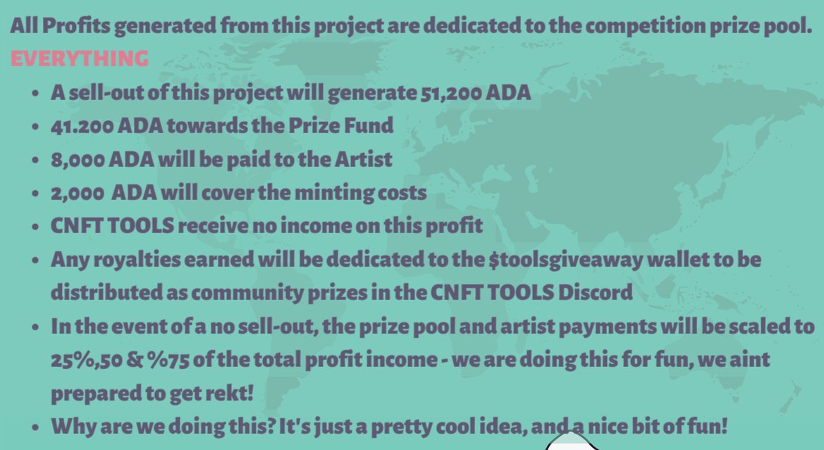 What is the prize pool? Due to the sell-out, the mint generated 51,200 ADA 10k went to cover costs including artist fee and minting All the remaining 41,200 ADA goes straight into the prize pool Royalties go to $toolsgiveaway to further strengthen the @CNFTTools community 4/