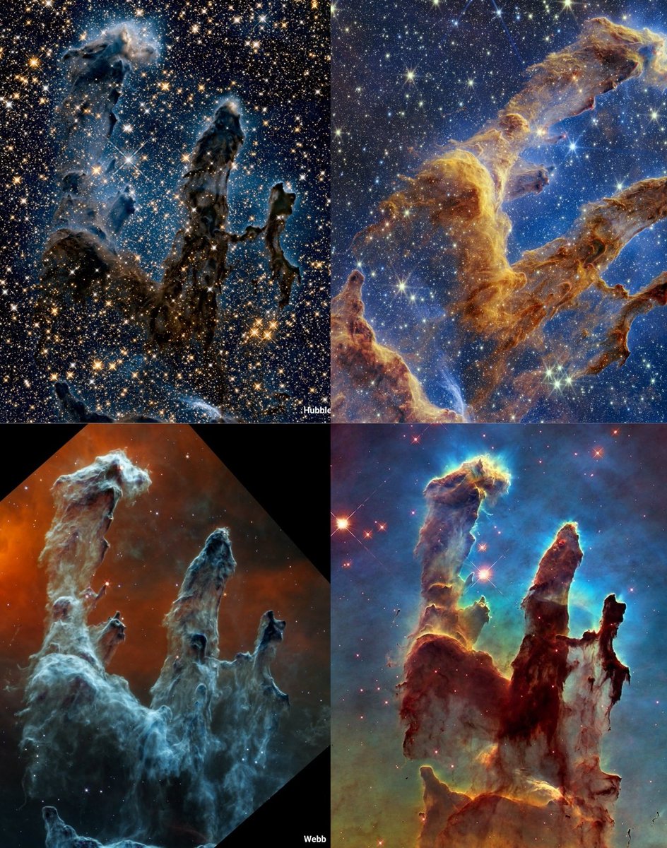 maiz_julio's tweet photo. The Pillars of Creation by Hubble &amp; Webb telescopes #NASA #ESA https://t.co/2erMrygpzb