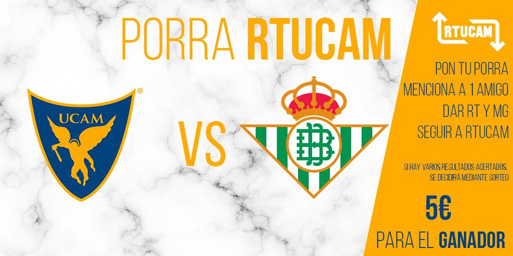 RTUcam Información (@rtucam) on Twitter photo Vuelve“la apuesta Rtucam“para los partidos de🏠,
Di el resultado⚽️ correcto de <a href="/UCAMMurciaCF/">UCAM Murcia CF</a> ⚽️💙 <a href="/RBetisCantera/">Real Betis Cantera</a> para el encuentro de este domingo, 12:00h en Besoccer La Condomina.
#2RFEF #RFEF
La info en la imagen del twett. Participa hasta las 12:00🕢. Después ganador👍🏼🎁 Vuelve“la apuesta Rtucam“para los partidos de🏠,
Di el resultado⚽️ correcto de <a href="/UCAMMurciaCF/">UCAM Murcia CF</a> ⚽️💙 <a href="/RBetisCantera/">Real Betis Cantera</a> para el encuentro de este domingo, 12:00h en Besoccer La Condomina.
#2RFEF #RFEF
La info en la imagen del twett. Participa hasta las 12:00🕢. Después ganador👍🏼🎁
