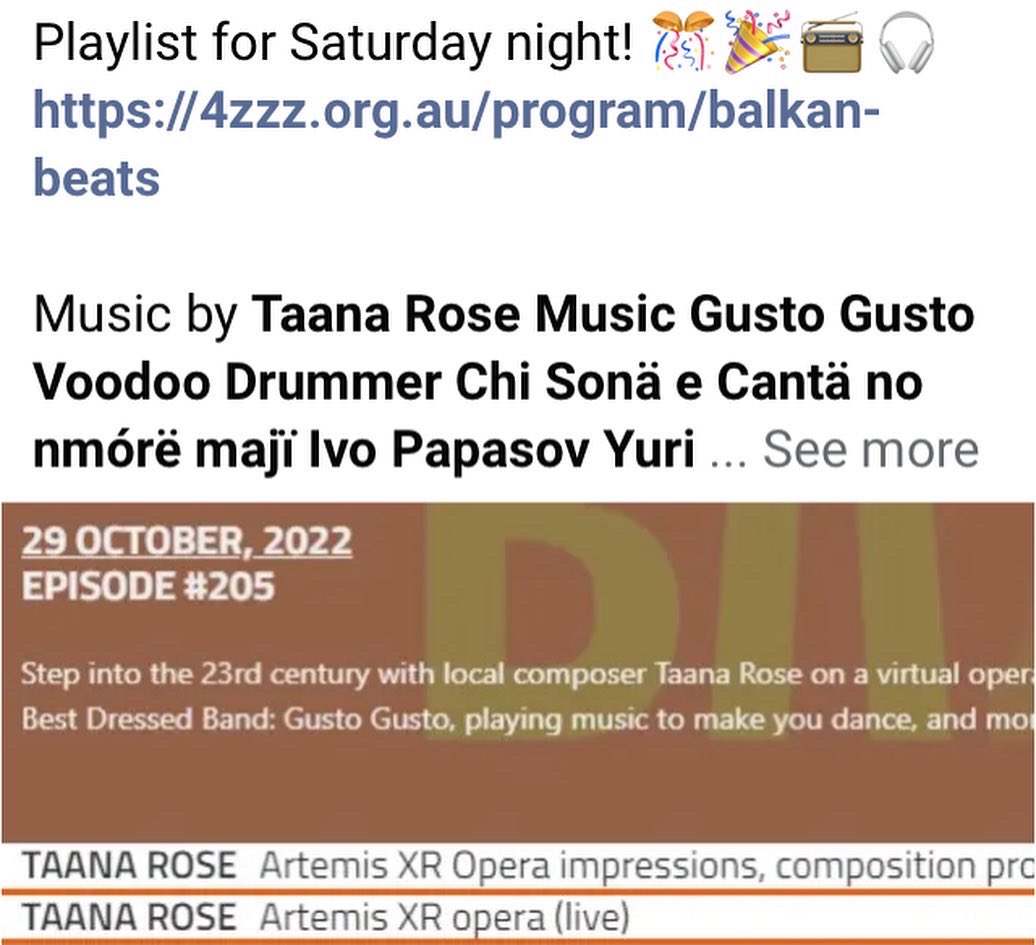 taana_rose's tweet photo. Thank you @balkan_beats_zed_digital @4zzzradio for the interview where I talk about my impressions of Artemis XR Opera and talk about the compositional processes I employed and the process of working with @luisatarnawskisings @jazzie.b and Nick Kirkup #xr #opera #techopera https://t.co/QSLhl85gn0
