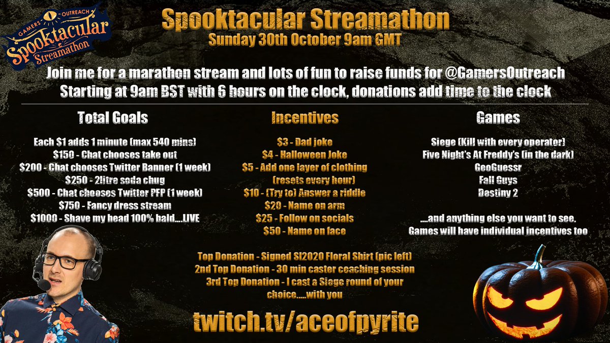 AceOfPyrite's tweet photo. Here are the goals and incentives for tomorrow's @GamersOutreach Streamthon!! 

The shirt I'm giving away means a lot to me, I wore it for my first ever SI game in 2020 and @Rampy got a first round Ace to kick the tournament off!

Plus, imagine me with 20 tshirts on 😅

PLEASE RT https://t.co/5UrVt1iLQN
