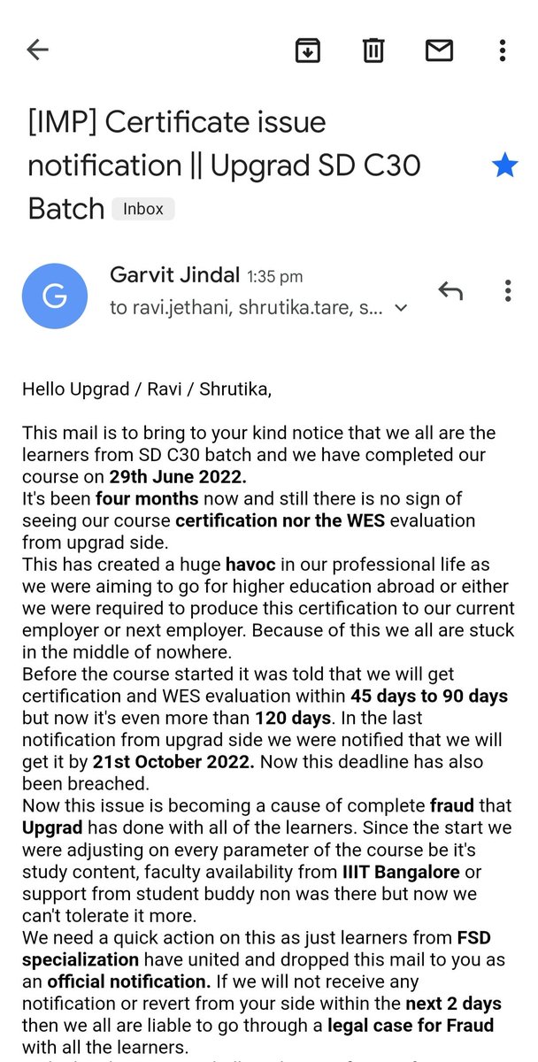 gravitynill's tweet photo. @upGrad_edu @EduMinOfIndia @iiitbangalore @srikant_iyengar 
Need immediate support on this case. 
#nosupport #shame #studentsupportfaliure #Shameless #upgrad #iiitbangalore https://t.co/4oxASz7E3W