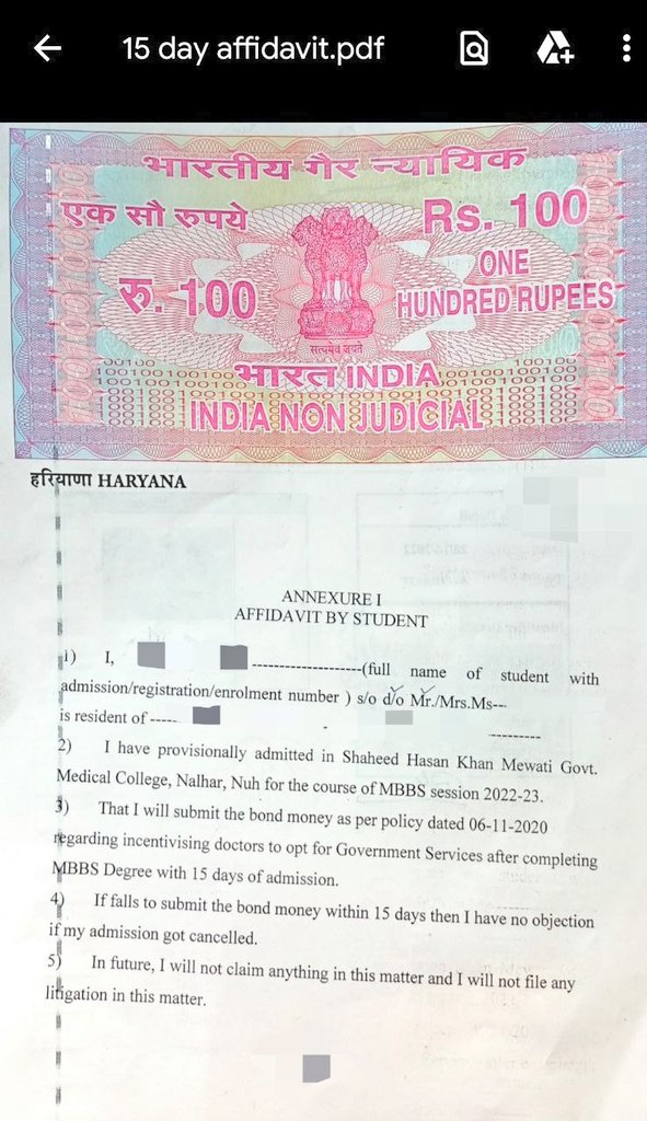 AkshatMittal_'s tweet photo. Affidavit being asked from students reporting in Haryana NEET UG counselling. 
The govt expects students to collect a sum of 10 lakhs in 15 days and admission shall be deemed cancelled in case of non payment. 
@mlkhattar @cmohry @anilvijminister @BJP4Haryana 
#shameonharyanagovt https://t.co/tKQVoB10BT