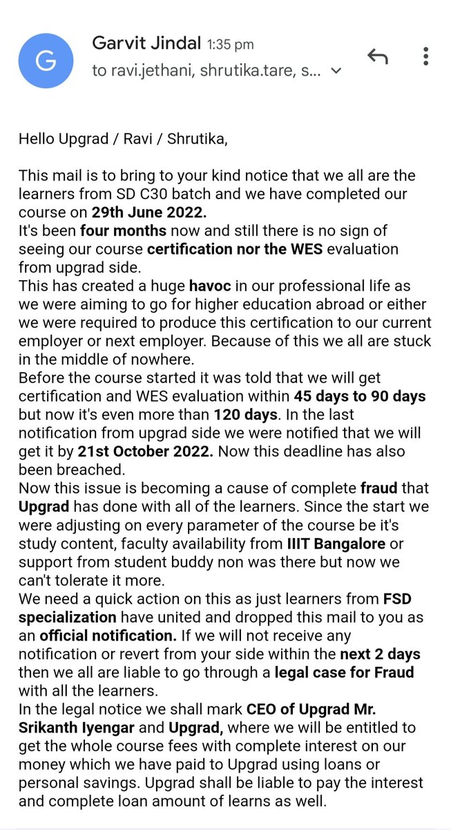 gravitynill's tweet photo. @upGrad_edu @EduMinOfIndia @iiitbangalore @srikant_iyengar 
Need immediate support on this case. 
#nosupport #shame #studentsupportfaliure #Shameless #upgrad #iiitbangalore https://t.co/4oxASz7E3W