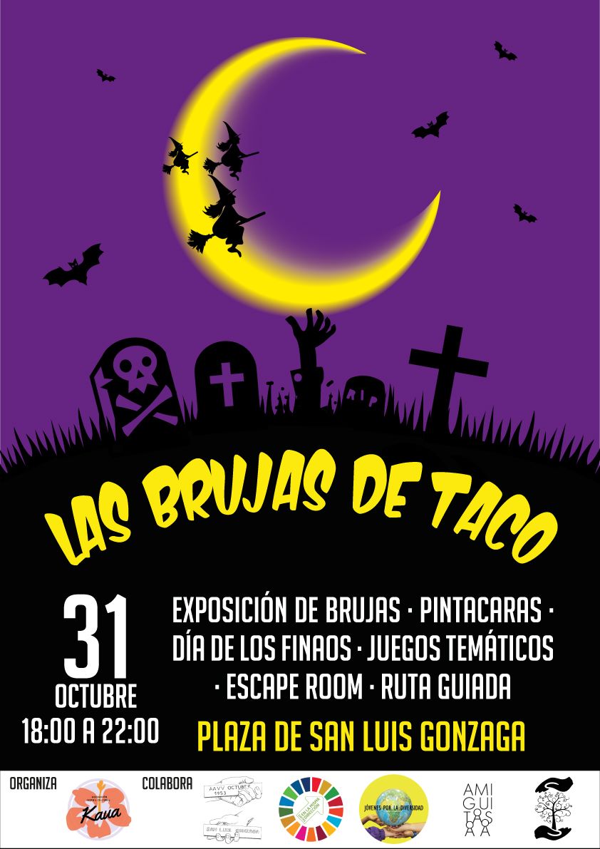 Este lunes, en la noche de Santas Difuntas, vive con Kaua y otros colectivos, vecinales y juveniles, una noche de #disfraces, juegos, #pintacaras, #finaos, escape rooms y #Halloween.👻🎃

La #brujas te esperan en la Plaza de San Luis Gonzaga, en #Taco, a las 18:00 h.🧛🧟‍♀️