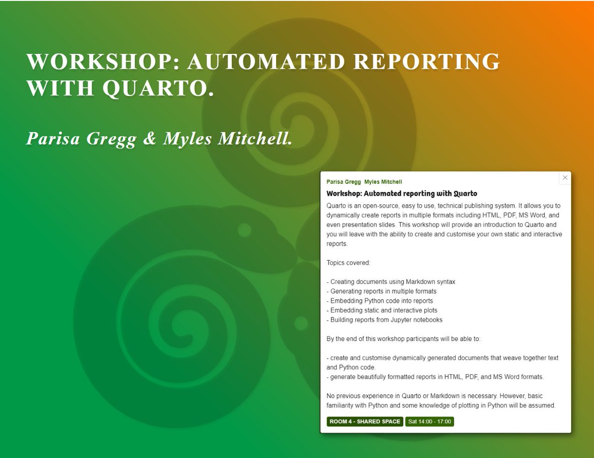 PythonIreland's tweet photo. Join us on Sat, Nov 12th for a workshop on Quarto, presented by Parisa and Myles!
Quarto is an open-source, technical publishing system. It allows you to create reports in multiple formats including HTML, PDF, Word, and presentation slides.
#PyConIe #PyConIe22 #Python #PyCon https://t.co/87dRZdt6ve