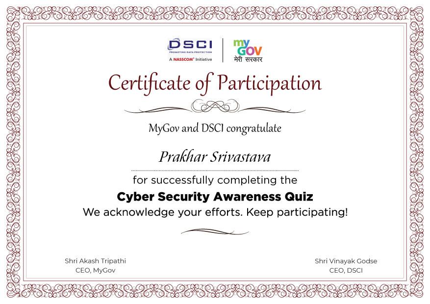 _Hello_World_03's tweet photo. Participated in the Cyber Security Awareness quiz and scored a whole 💯 and also Eligible for cash prize of ₹3000 and a Winner 🏆 Certificate.
Hoping I will get it.
And a special thanks to @iampriyadogra for providing such a great information.

#cybersecurity #MyGov #Quiz https://t.co/XBZuZxGc7s