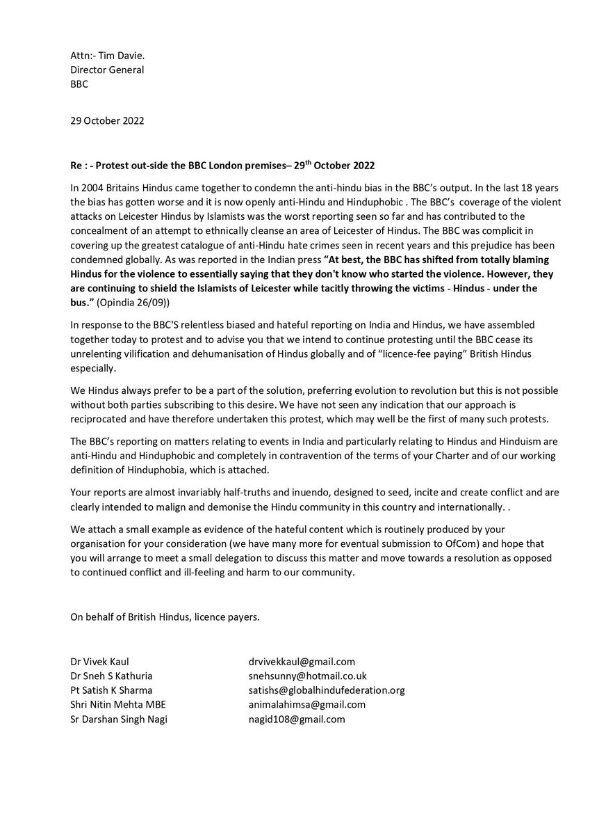rahulkumarindia's tweet image. #BBCprotest
British Hindus to give #memorandum to the @BBCWorld about #Hinduphobic and #indiaphobia. #LeicesterCity
Highlights the biases and unprofessional reporting by the @BBC 
@CJBdingo25 @india_narrative @MumukshuSavitri @amritabhinder @silverspark @Minaljaiswal @arifaajakia