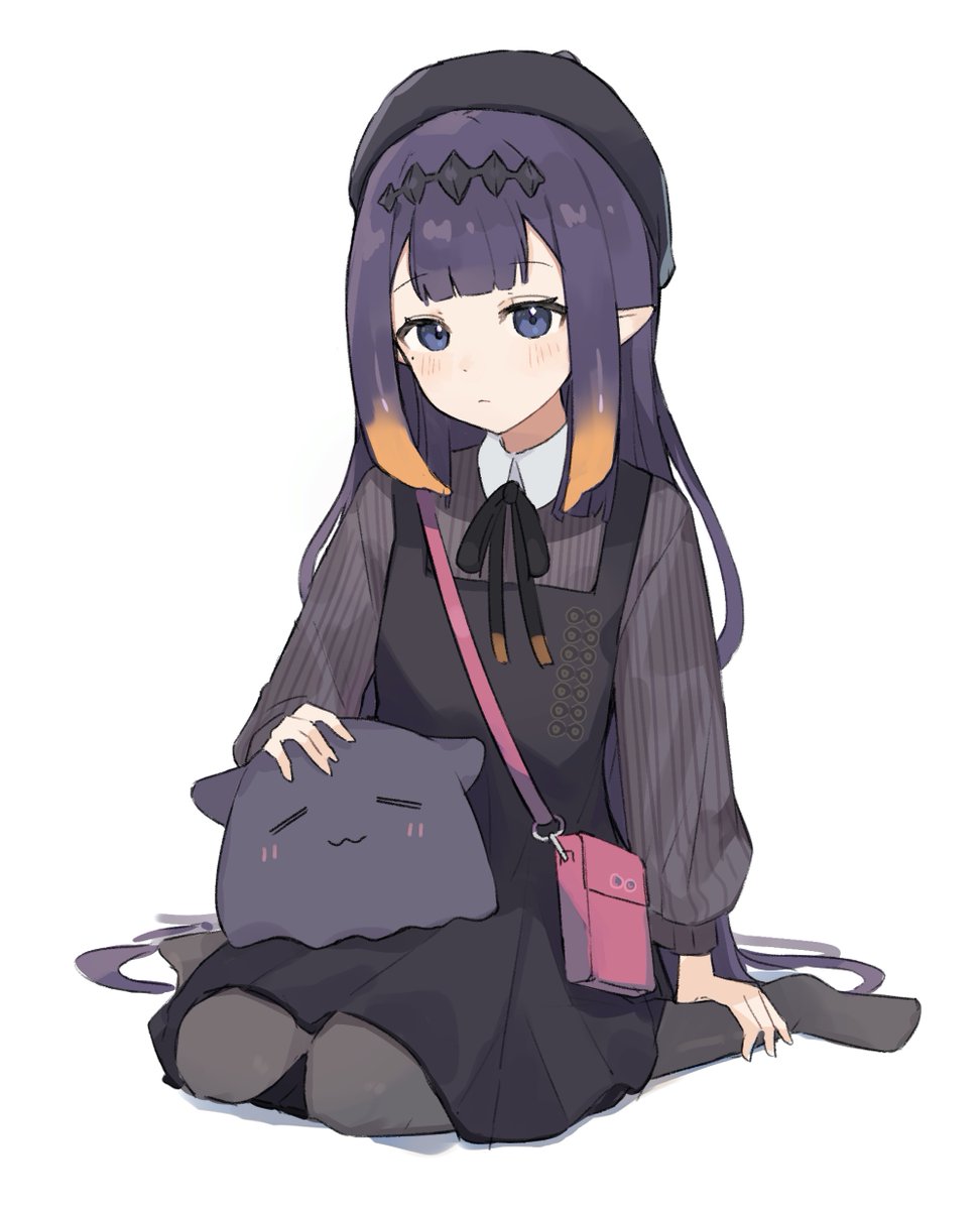 ninomae ina'nis ,takodachi (ninomae ina'nis) 1girl long hair pointy ears sidelocks tentacle hair purple hair sitting  illustration images