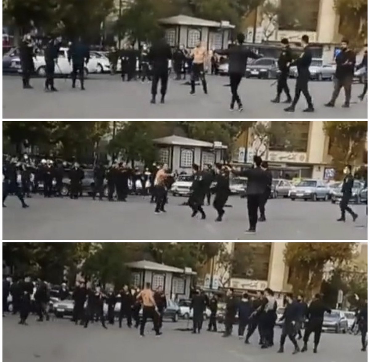 Mp91609035's tweet image. When you watch first video, you see how pathetic and coward are those thugs although they’re armed. 

People take him to the hospital , however IRGC attempted to kidnap his critically injured body from #Kosar hospital/