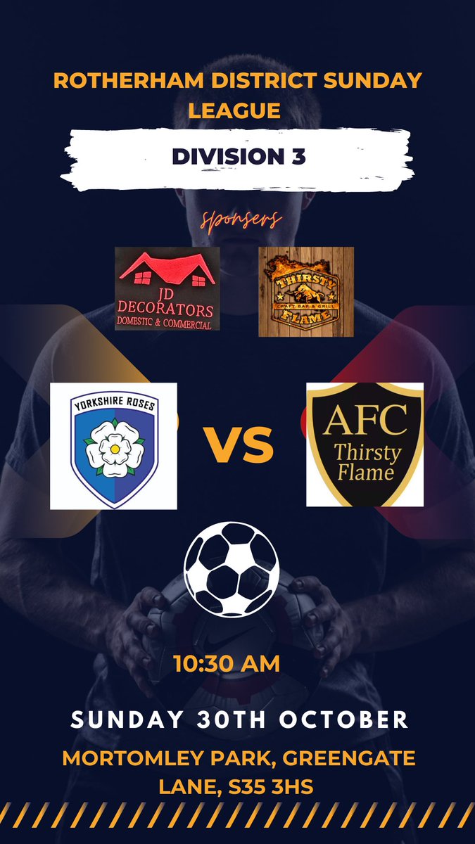This week we head over into Sheffield to take on <a href="/YorkshireRosess/">Yorkshire Roses FC</a> (hopefully 3rd time lucky!?!) come &amp; support the lads!

Sponsors
<a href="/ThirstyFlame/">Thirsty Flame</a>
JD Decorators