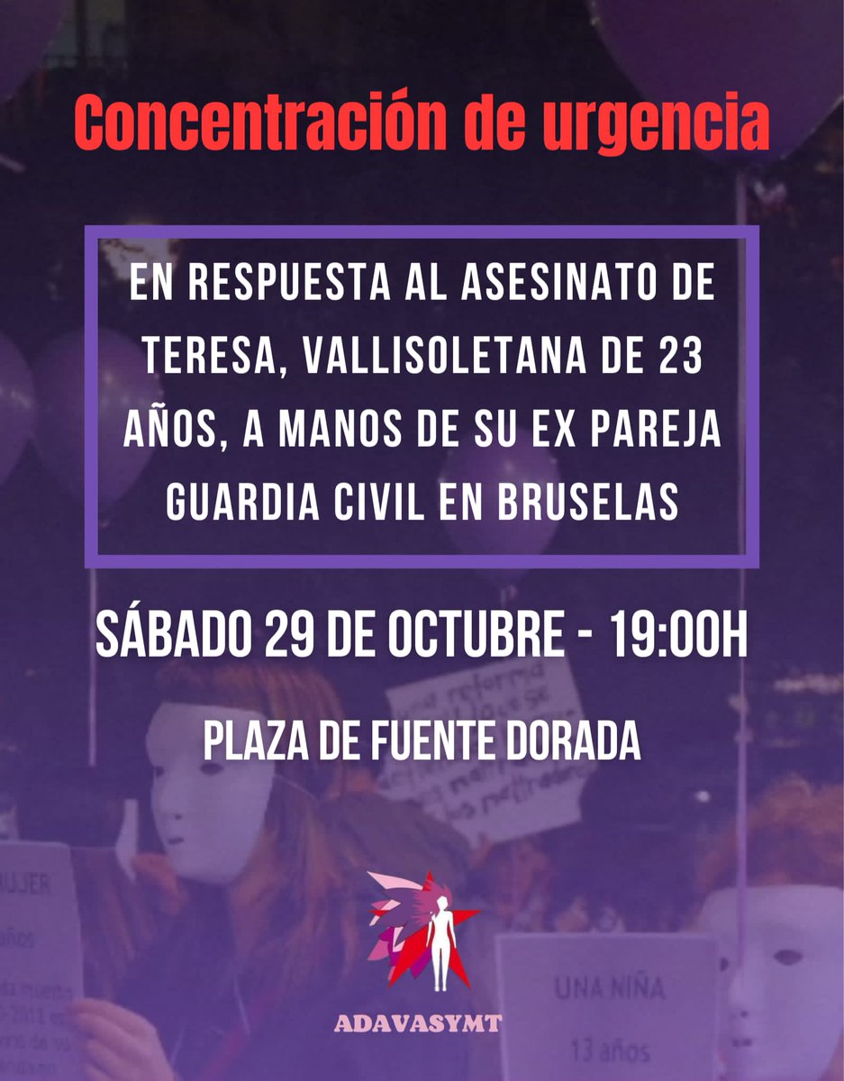 CSO_LaMolinera's tweet photo. Esta tarde nos concentramos por la vallisoletana Teresa Rodríguez, de 23 años, asesinada por su expareja en Bruselas. 

Frente a quienes niegan o banalizan la lacra de la violencia contra las mujeres por el hecho de serlo, nos vemos a las 19:00 en Fuente Dorada 

#NiUnaMenos https://t.co/YDYDPNqWcb