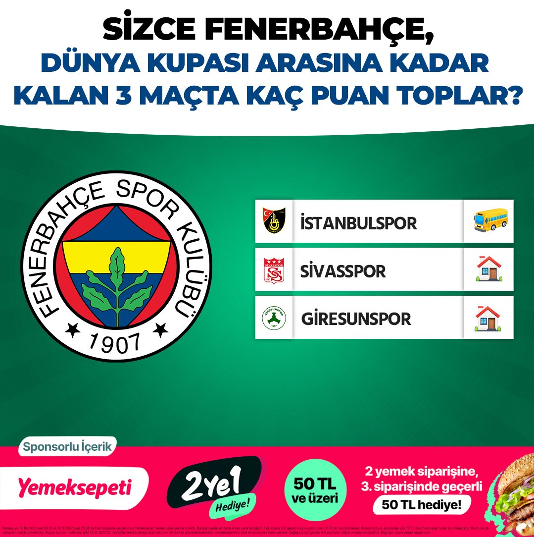 Sizce Fenerbahçe, Dünya Kupası arasına kadar kalan 3 maçta kaç puan toplar? 🚌 İstanbulspor (d) 🏠 Sivasspor 🏠 Giresunspor